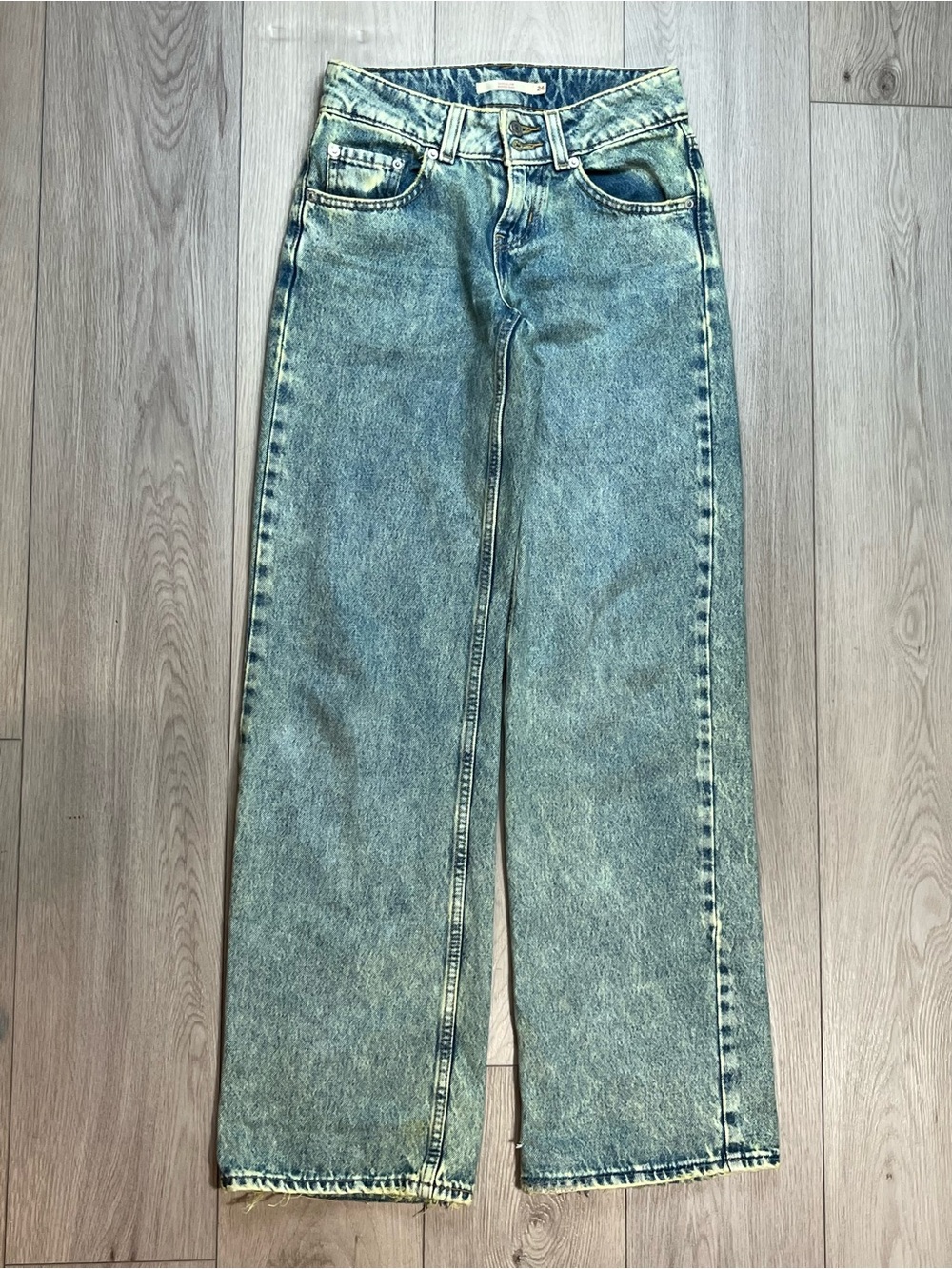 Reworked Vintage Levi’s Yellow Acid Wash Jeans – Patched & Distressed (Size 24)